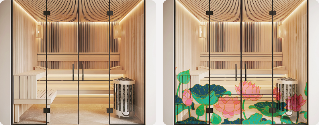Sauna Glass Door Design | Custom Floral Glass Print